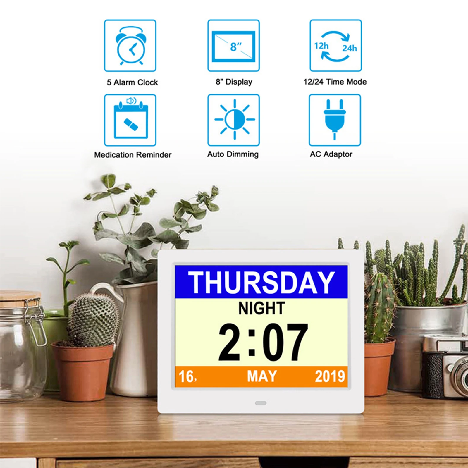 

Цифровой будильник с календарем, 7,5 дюйма, 8 языков, большой экран, Европейский разъем, теплый подарок для пожилых людей с нарушением зрения