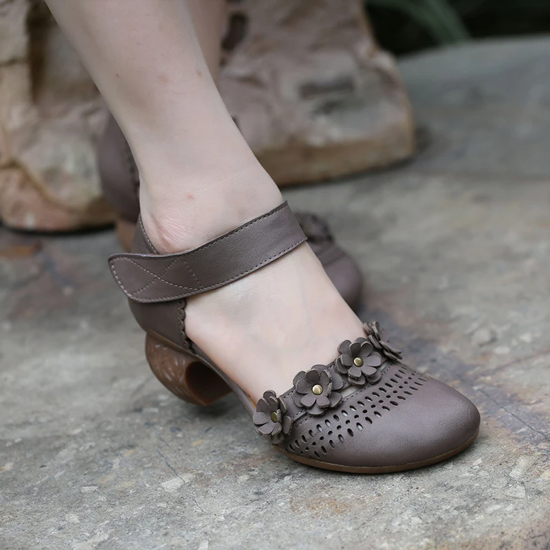 VALLU женские кожаные сандалии в римском стиле с цветочным принтом на блочном