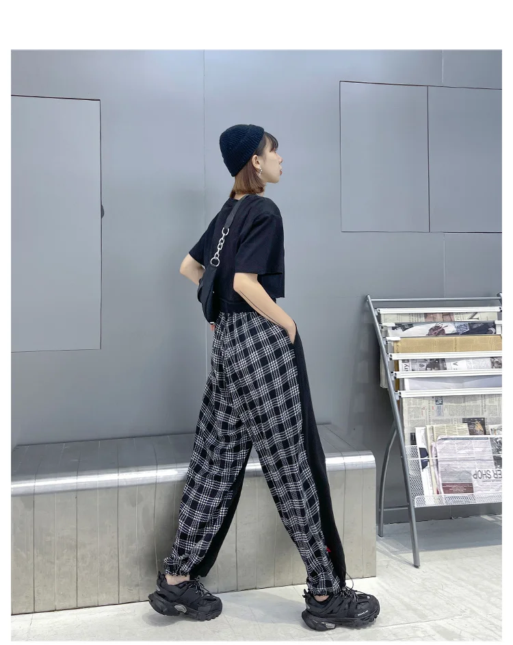

XUXI Women Black Harem Pants Summer 2021 New Thin High Waist Slim Stitching Plaid Streetwear Casual Trousers E2239