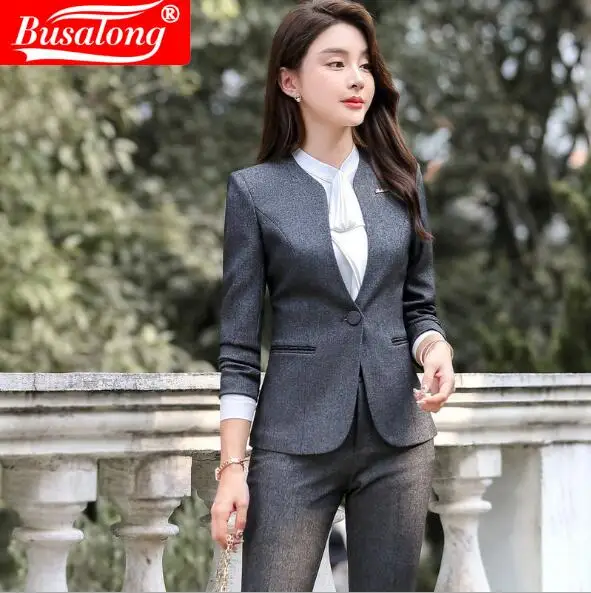 Женский шерстяной пиджак и юбка черный для офиса размера плюс Осень зима|Брючные