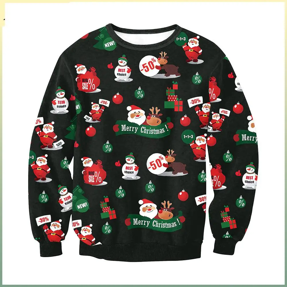 

New Year Christmas Printed Round Neck Long Sleeve Mens Hoodies Unisex Hoodies And Joggers Loose Black Men Hoodies Sweatshirts