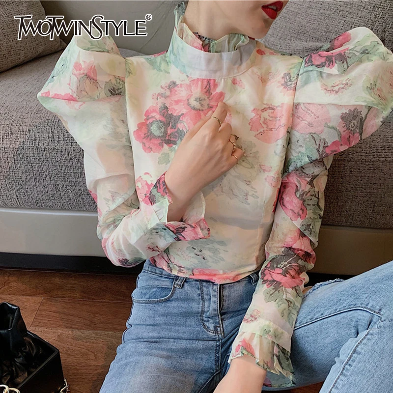 TWOTWINSTYLE повседневные блузки с рюшами для женщин водолазка пышная туника длинным