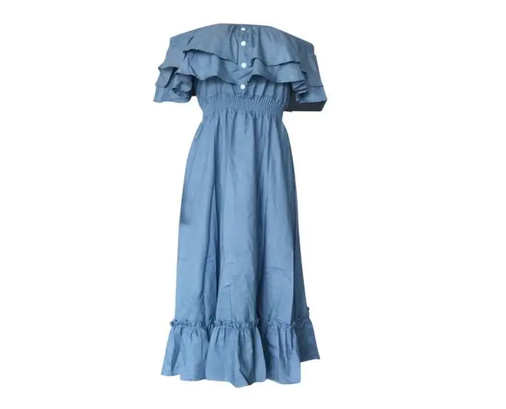 Женское платье из джинсовой ткани с открытыми плечами и воланом Новинка лета 2021