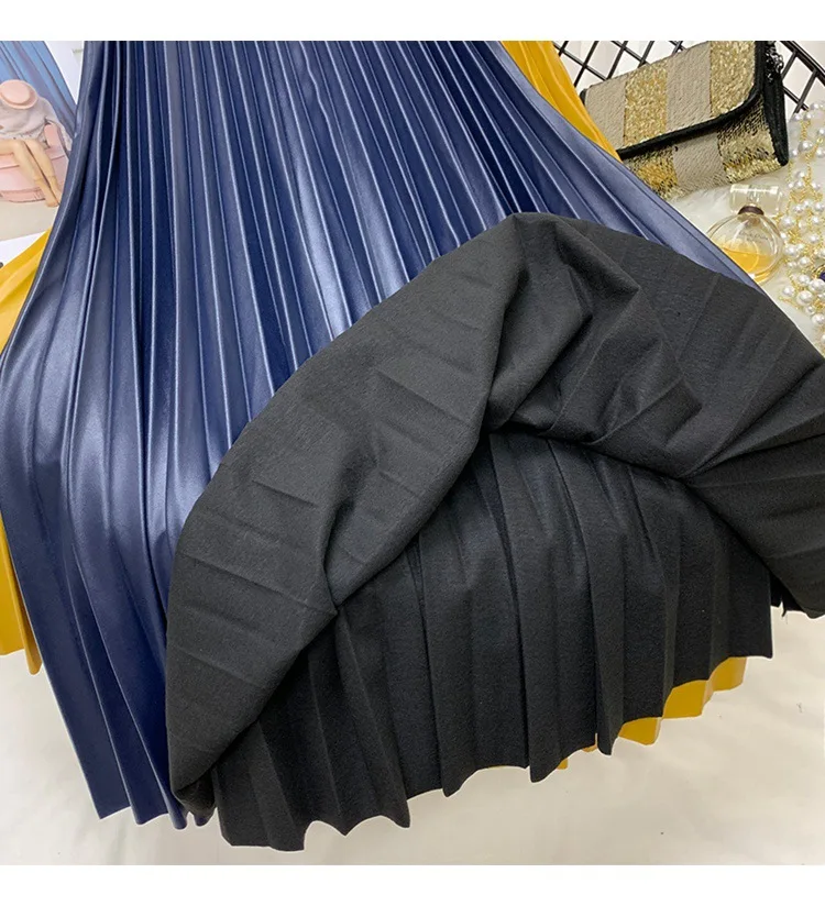

Autumn Winter Skirts PU Leather Pleated Skirts Elastic High Waist Multi Colors Fashionable All-match Midi Skirt Female New 2020