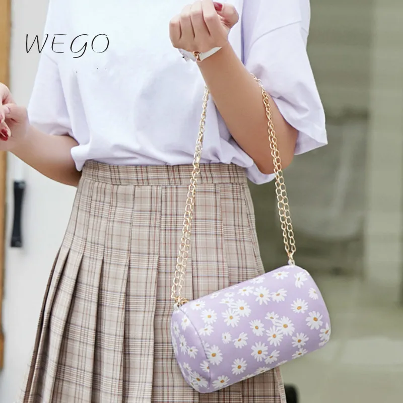 

Beach Small Bucket Handbag Ladies Shoulder Bags Small Square Bag Canvas Women Totes Chain Shoulder Bag Daisy Flower Female