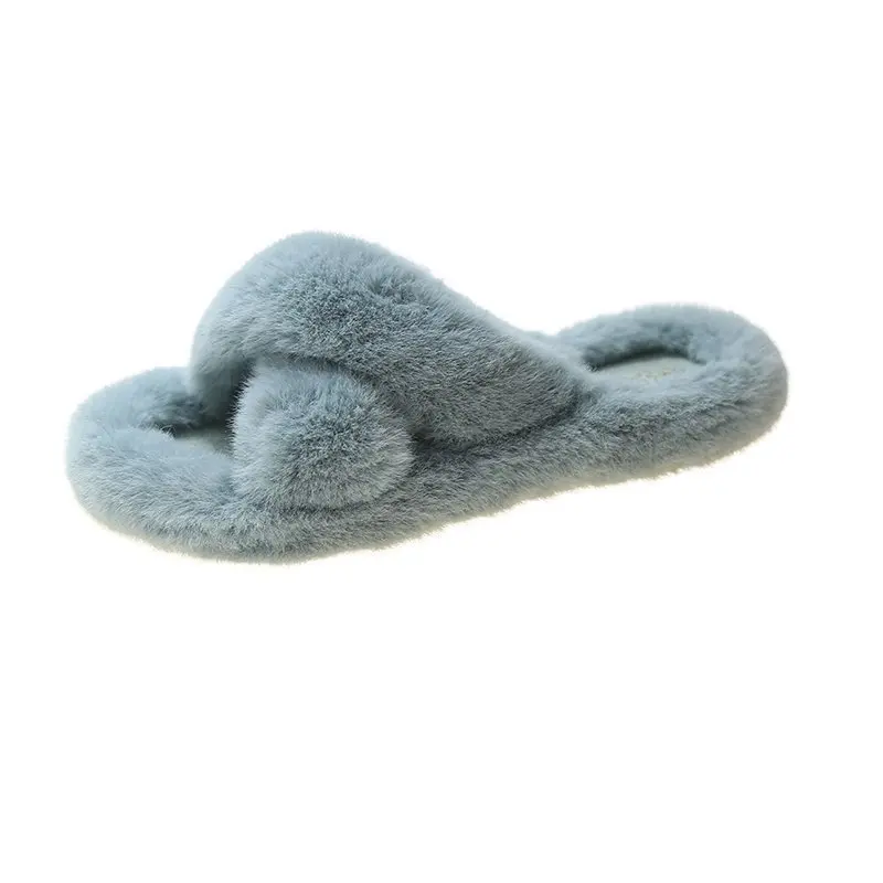 

Furry Slippers Women's 2021 Autumn New Cross-thickness Imitation Rabbit Fur Flat-bottom Casual Wear One-word Home Slippers LLP