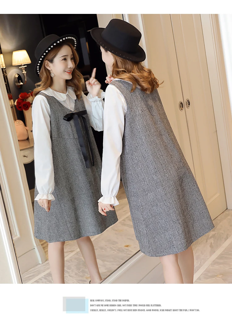 6596# 2PCS/Set Autumn Korean Fashion Maternity Dress Sweet Lovely Straight Loose Clothes for Pregnant Women Fall Pregnancy