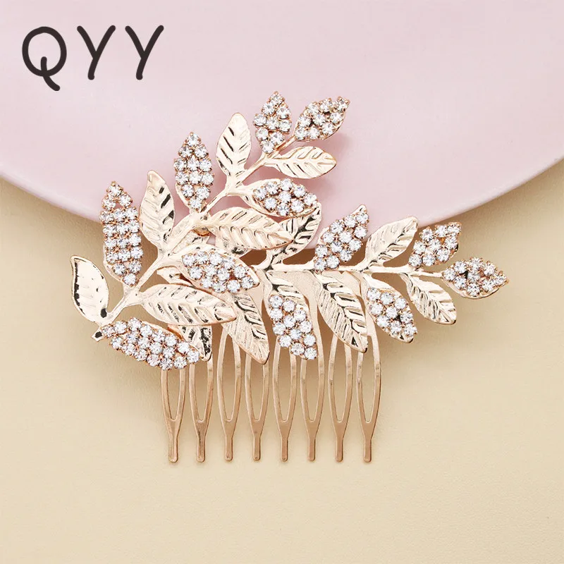 

QYY Gold Color Leaves Rhinestone Bridal Hair Comb Cips Headpiece Wedding Hair Accessories Prom Luxury Jewelry for Women Gifts