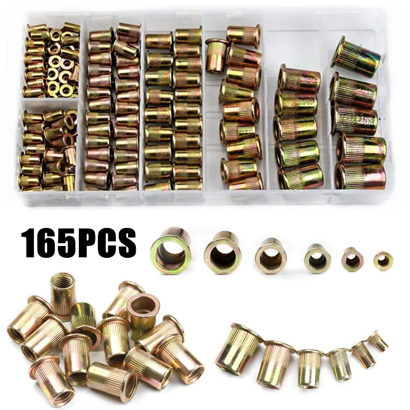 

165PCS M3/4/5/6/8/10/12 Zinc Plated Carbon Steel Knurled Nuts Rivnut Flat Head Threaded Rivet Insert Nutsert Cap Rivet Nut