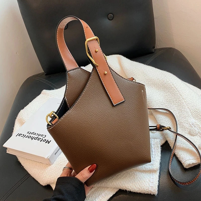 

Vintage Tote Bucket Bag PU Leather Crossbody Shoulder Bags for Women 2021 Summer Simple Handbags and Purses Female