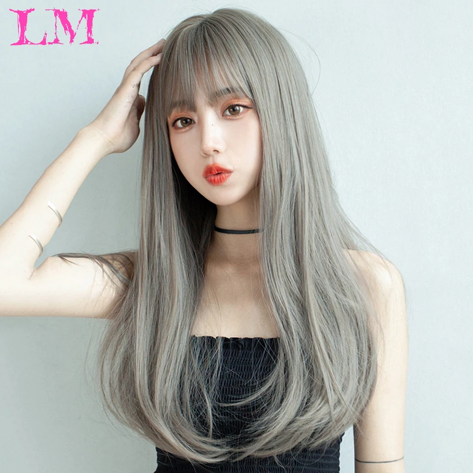 LM Cosplay Wig Mid-length Straight Hair Aoki Linen Ash Front Lace Wig Synthetic Hair Wigs for Woman Heat Resistant Fiber Wig