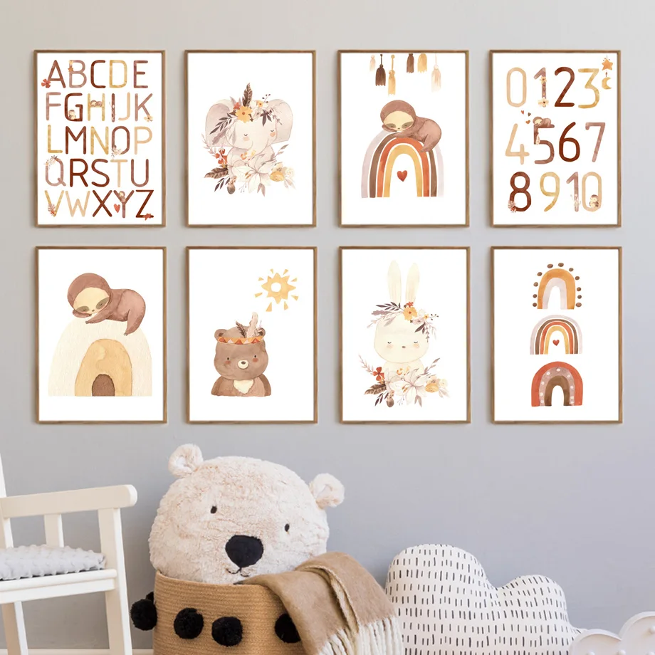

Boho Alphabet Rainbow Sloth Rabbit Elephant Bear Wall Art Print Canvas Painting Nordic Poster Wall Pictures Baby Kids Room Decor