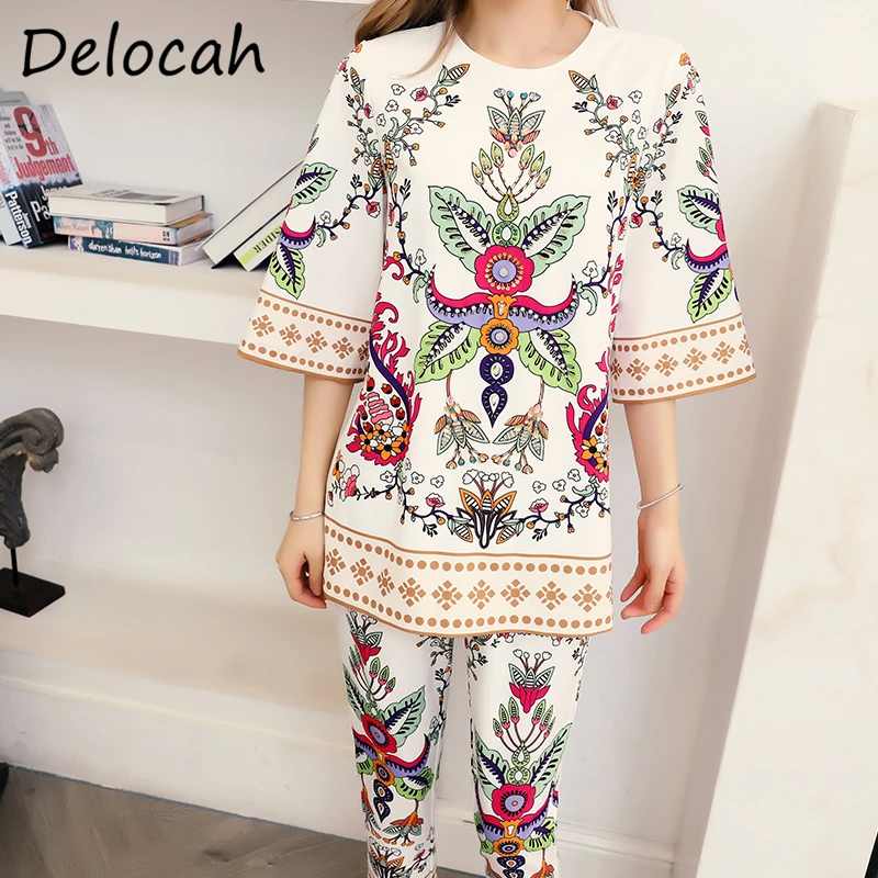 

Delocah New 2021 Summer Women Fashion Runway Pants Set Half Sleeve Crystal Tees + Elastic Waist Floral Printed Ladies Long Pants