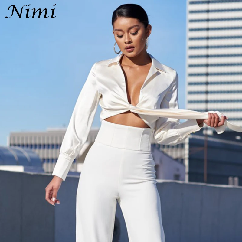 

NiMi Autumn Sexy Short Lapel Tops Long Sleeve Womens Streetwear Pure Color Knotted Clothing White Crop Lrregular Hit All-match