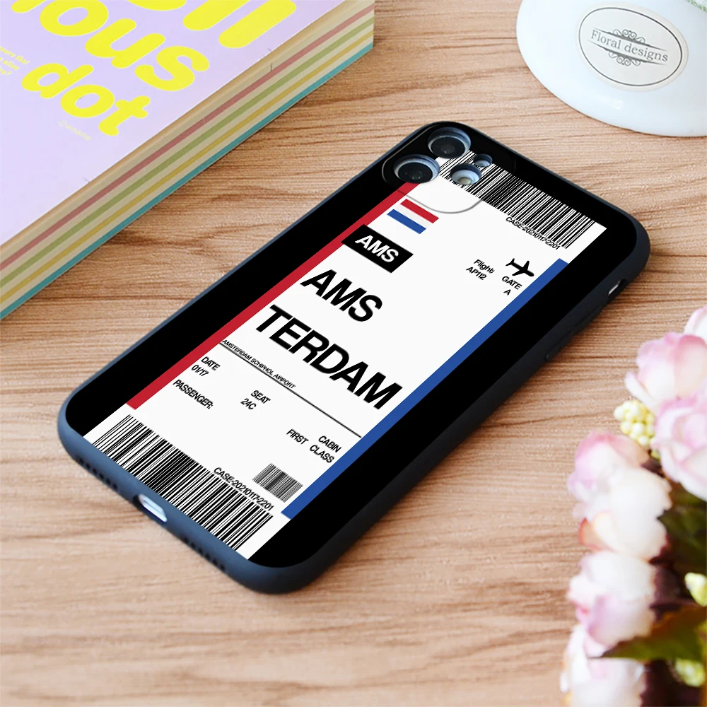 

For Iphone Amsterdam Boarding Pass Flight Ticket Print Soft Matt Apple iPhone Case 6 7 8 11 12 Plus Pro X XR XS MAX SE