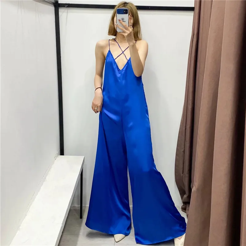 

PSEEWE Female Jumpsuit Za 2021 Blue Oversize Satin Long Elegant Woman Jumpsuits Strapless Loose Casual Summer Women Jumpsuit