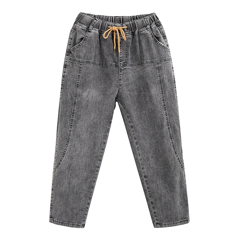 

Women Summer Fashion Jeans Office Lady Plus Size Elastic Waist Solid Color Vintage Casual Denim Pant Female Ankle Length Trouser