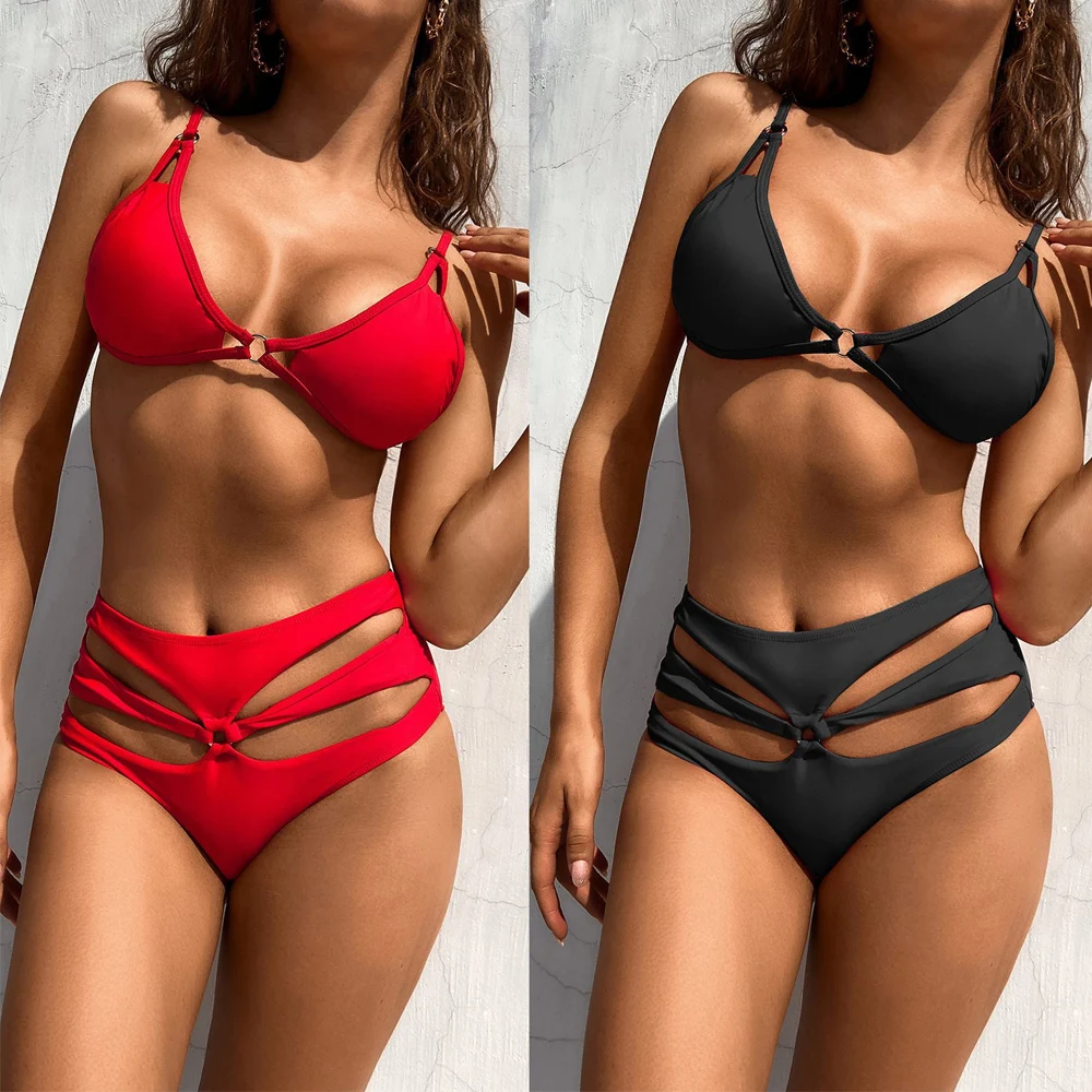 

Sexy High Waist Biquini Solid Swimwear Women Push Up Swimsuits Female Two Piece Bikini Set Hollow Out Beachwear Swim Bathing Su