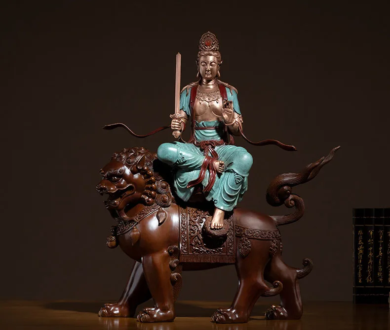 

China Tibetan Bronze Hand Painted Manjushri Bodhisattva Buddha Statue Fengshui Decoration Copper Crafts