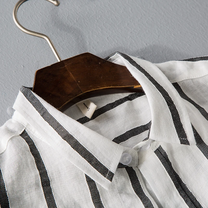 Мужские льняные полосатые рубашки с коротким рукавом и карманом рабочая рубашка