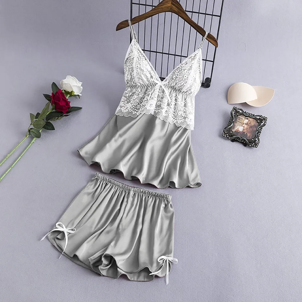 Весна 2020 4 шт. Женская атласная кружевная майка шорты с бантиком ночная рубашка