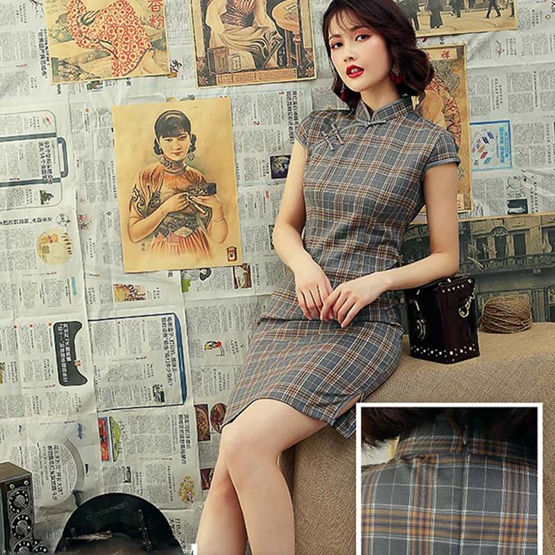 Color 1 Dress Китайское платье, атласное, винтажное, в клетку, для женщин, Восточный халат, Cheongsam, современное, Qipao, женское, Китай, элегантное, повседневное, вечерние, Новогодняя одежда - Цвет: Color 1 Dress