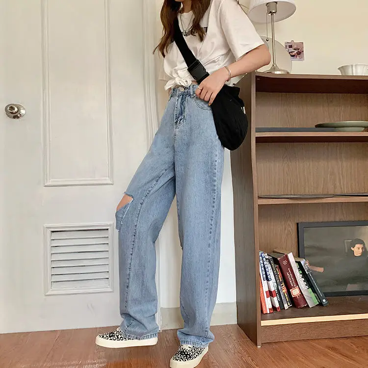 

Jeans with holes, women's loose and thin, high waist and versatile, straight tube and wide leg 2021 new student light pants