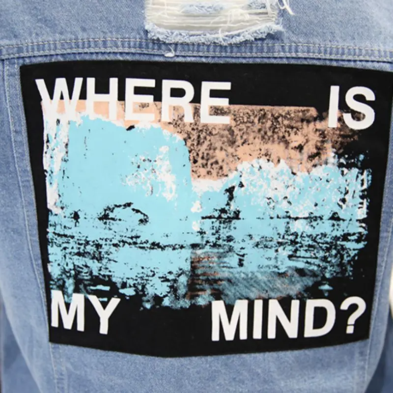 Harajuku женская джинсовая куртка бомбер с дырками и аппликацией принтом Where Is My Mind Lady