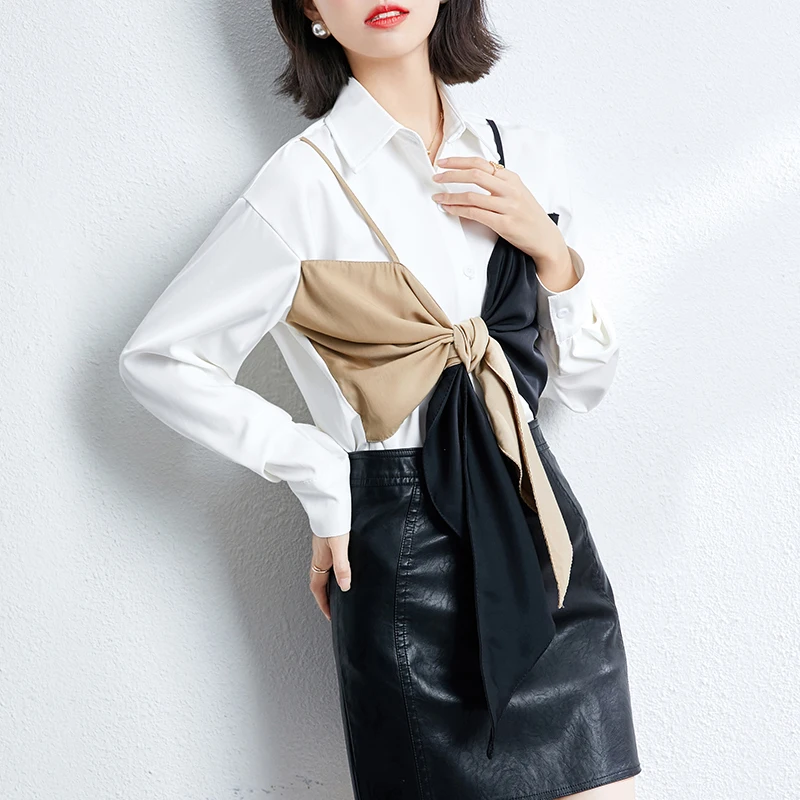 

Spring Style Design With Fake Two White Shirt Stitching Bow Elegant Women's Blouse And Tops Korean Clothes Harajuku