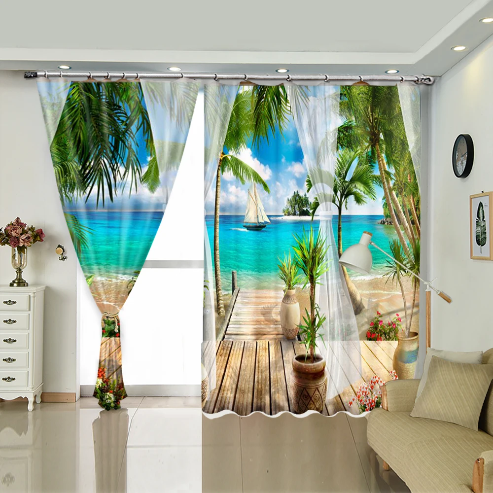 

Physical Blackout Curtains For Bedrooms And Living Rooms Printed With Pictures Of Sailing Boats And Beaches
