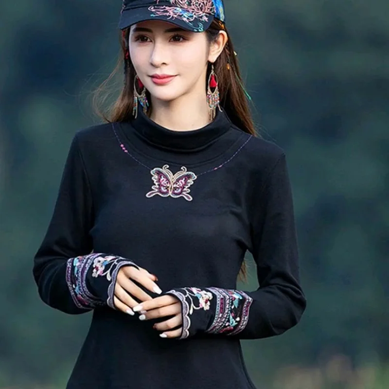 Топ в китайском стиле для девушек из леса Готическая винтажная черная водолазка