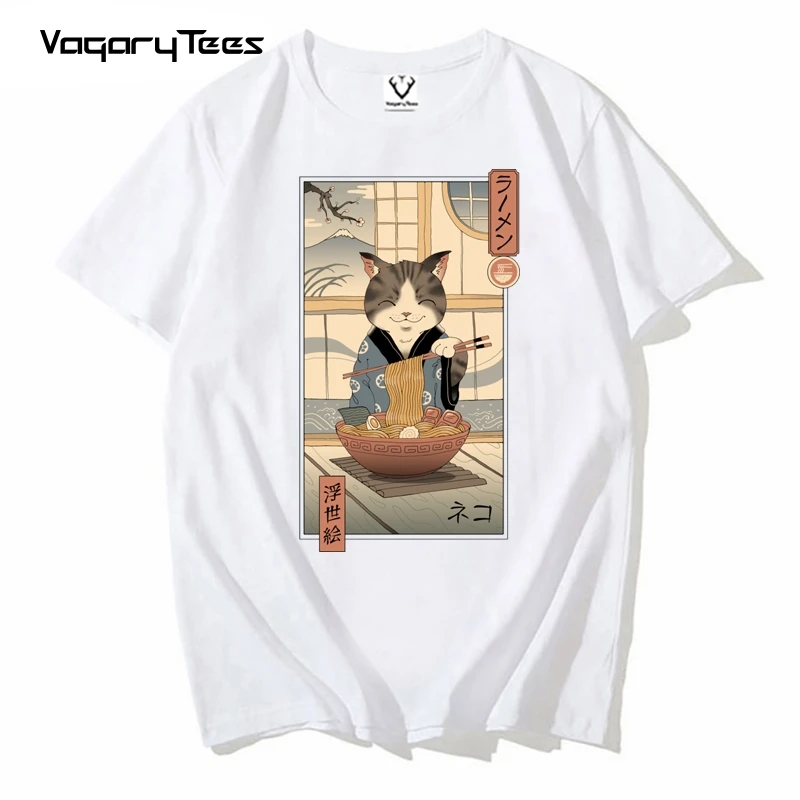 Забавные футболки для мужчин Неко рамен укиё э футболка с японским принтом и