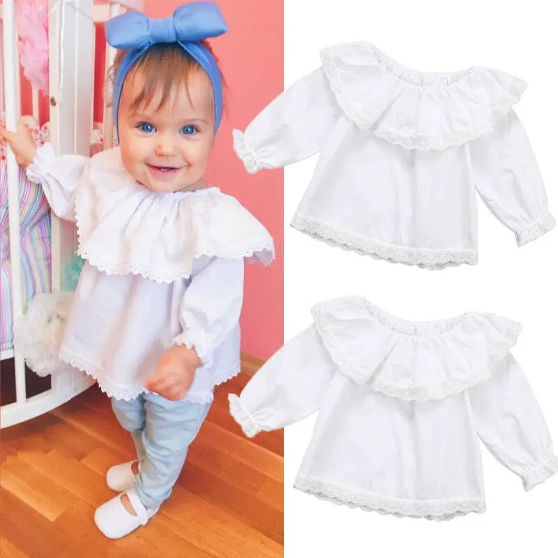 

2021 Newborn Toddler Infant Baby Girls Lace Long Sleeve Tops T-shirts Clothes Solid White Sweet Tops Shirt 0-24M