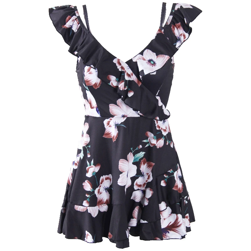 

Flounce Swimsuit Push Up Swimdress One Piece Women 2020 Black Flower Print Off Shoulder Bathing Suit Swim Costume Beach Wear