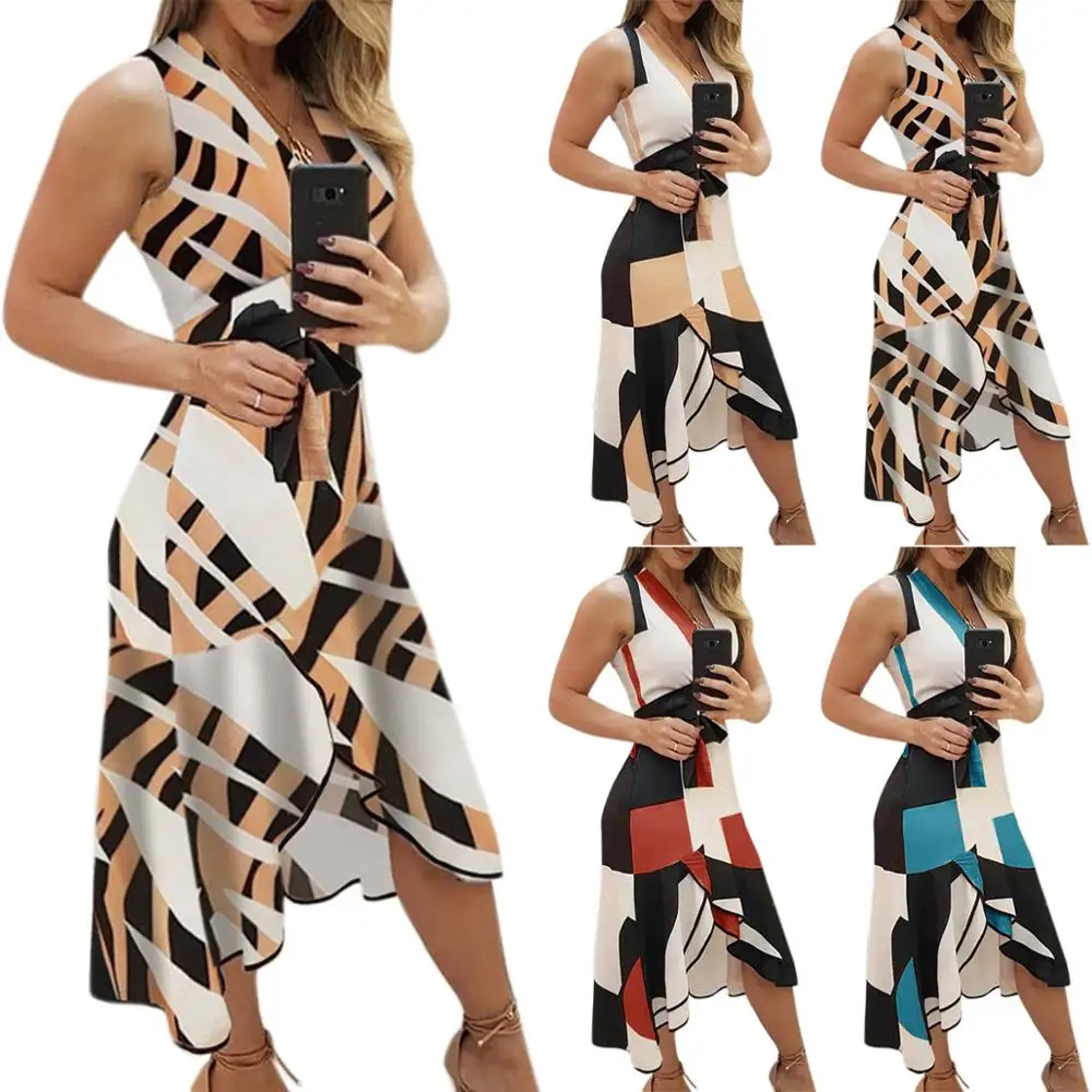 

Vicabo Sexy Dresses Women Color Block Sleeveless Dress Irregular Hem Female Robe Party