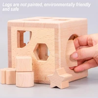 baby kids educational toy wooden shape sorting cube box toys gifts stacking matching unpainted building game block o6n1