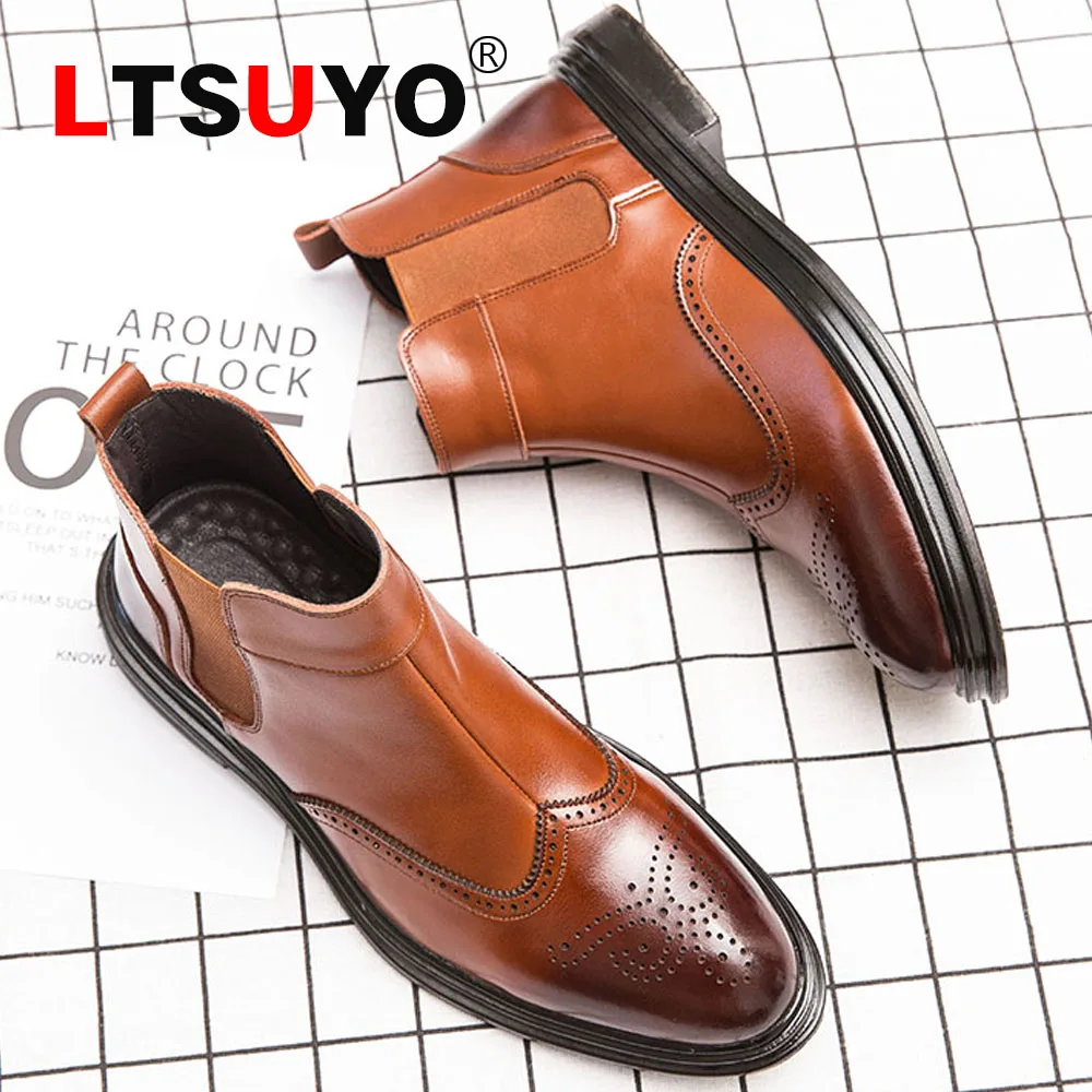 

Мужские кожаные ботинки броги, модные уличные мотоциклетные ботинки, осенне-зимняя обувь с круглым носком и высоким верхом, мужские ботинки