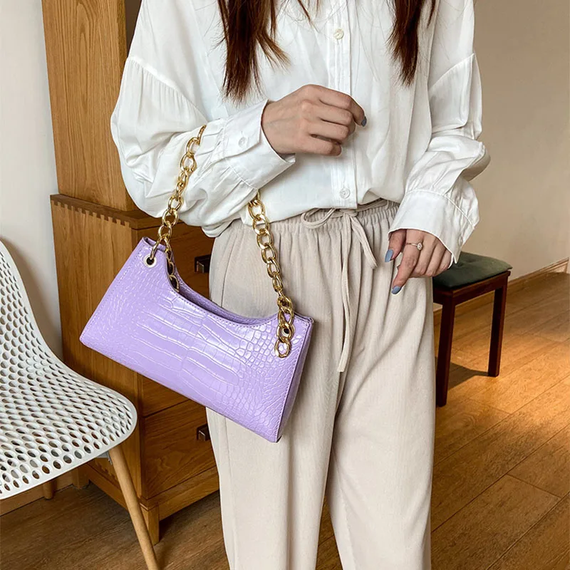 

Женские сумки, винтажные сумки под подмышки аллигатора, сумки на плечо с толстой цепочкой и каменным узором, индивидуальные портативные жен...