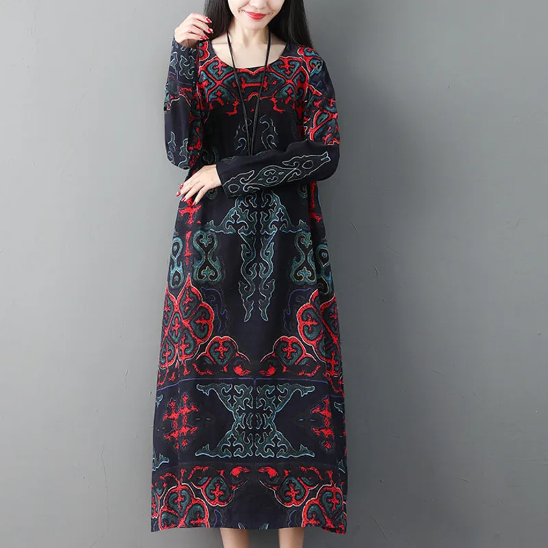 

#0153 Spring Cotton Linen Dress Long Sleeves Casual Vintage Round Neck Loose Printed Temperament Chinese Style Retro Dress