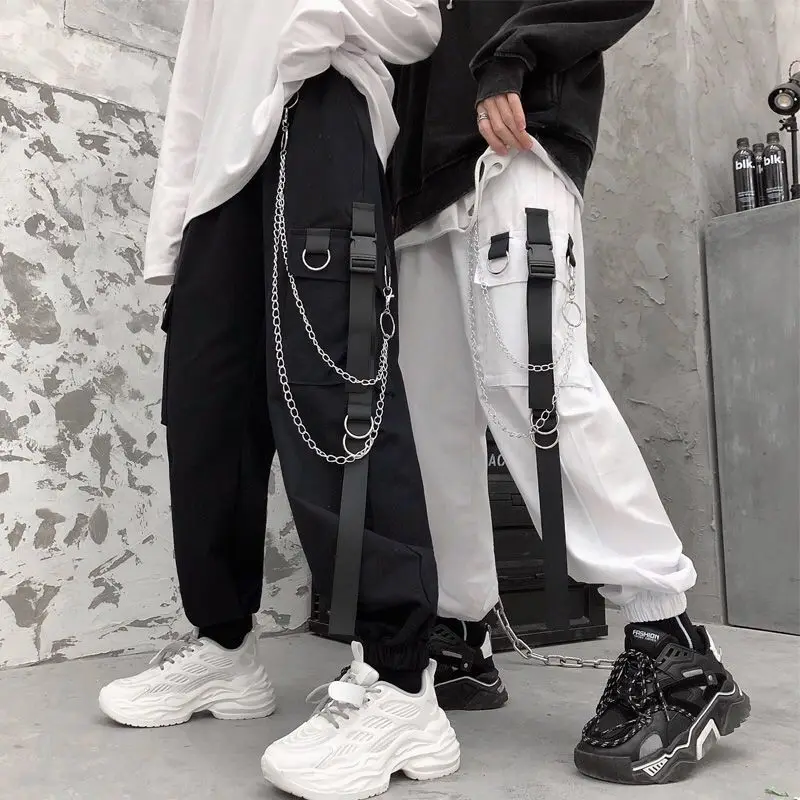 

Harajuku Gothic White Cargo Pants with Chain Women Mall Goth Hippie Moda Punk Loose Baggy Oversize Korean Style Trousers J143