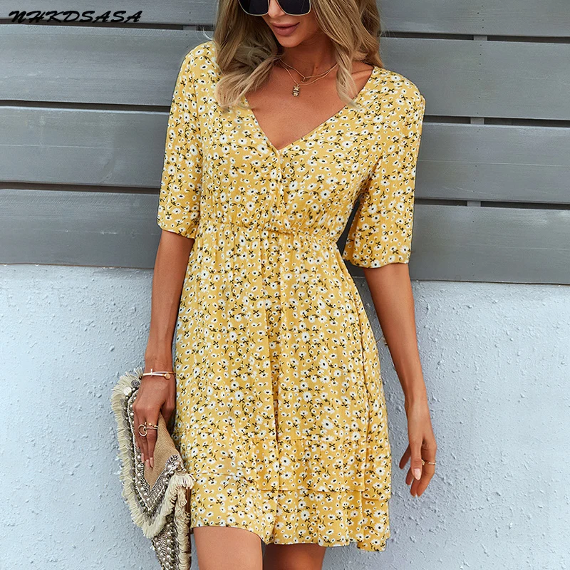 

2021 Summer Women’s Floal A-Line Dress Sweet Elegant Floral Ruffles V-neck Bandage Short Dress for Lady Chic Flowers Mini Dress