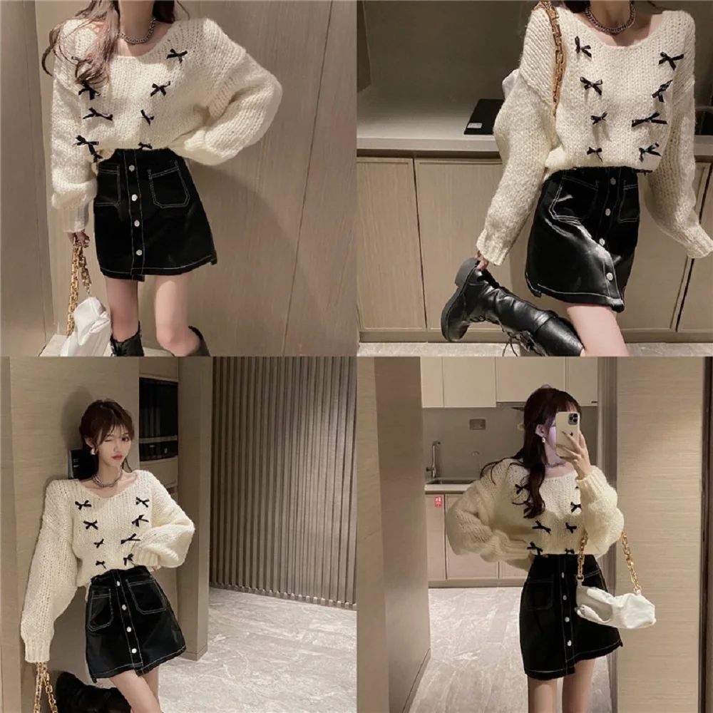 

Autumn and Winter 2020 Korean Girl Pullover Loose Lazy Wind Bow Sweater +High Waist Breasted Women's Skirt Suit