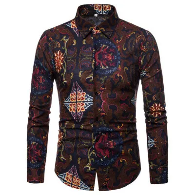 Camisa Masculina, европейская Осенняя мужская рубашка для отдыха с цветочным принтом, кардиган, топ, рубашки на пуговицах, топы, блузки, африканская одежда - Цвет: Coffee Shirts