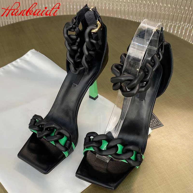 

Womens Elegant High Heel Leather Sandal Summer Fashion Square Toe Chain Strap Ankle Sandals Gladaitor High Heels Pumps Big Chian