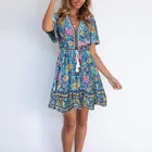 Платье женское Плиссированное с поясом, винтажное сарафан с цветочным принтом, V-образным вырезом и коротким рукавом, размера плюс, 40 #, лето