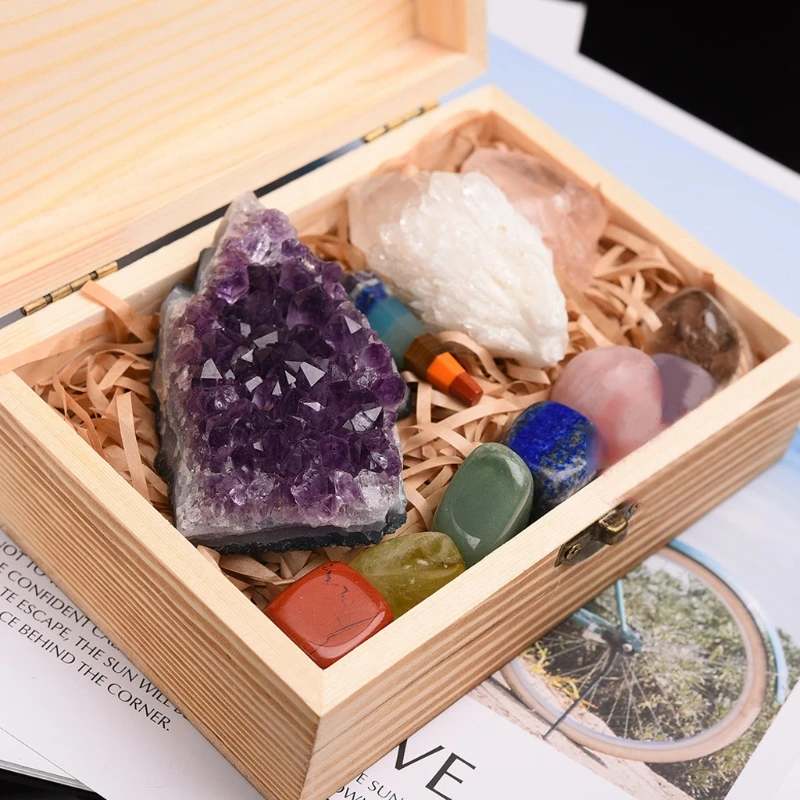 

2021 New 11Pcs Crystals and Healing Stones Kit With Wood Box 7 Raw Chakra Pendulum Stones