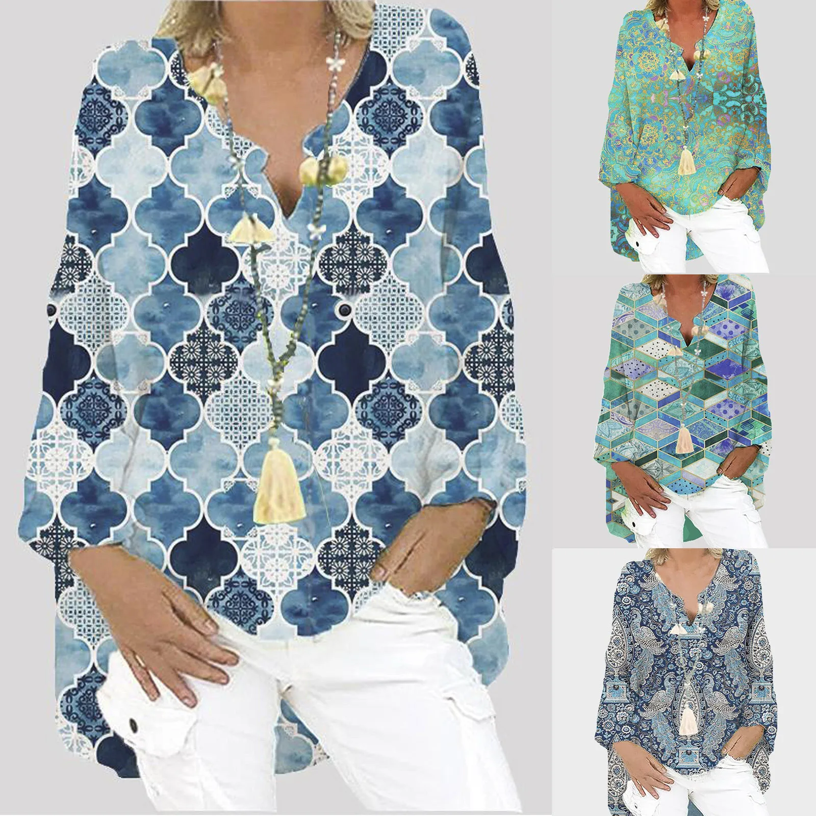 

Women T-shirt V-neck Lattics Colorful Printed Long Sleeve Casual Top Personalized Printing Sexy Fashion All-match T-Shirt