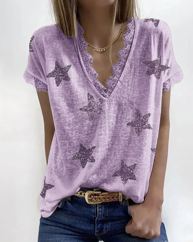 

2021 Summer Women T Shirt Printed Lace Casual V-neck Top Short Sleeve Blouse