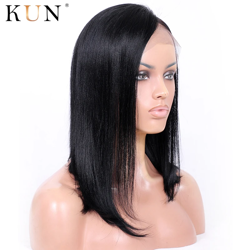 Короткие парики из натуральных волос прямые на кружеве левая часть 150%