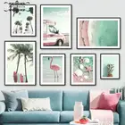 Постер и печать тропического Морского Пейзажа, доска для серфинга с пальмами и фламинго, настенная Картина на холсте, настенные картины в скандинавском стиле для декора гостиной